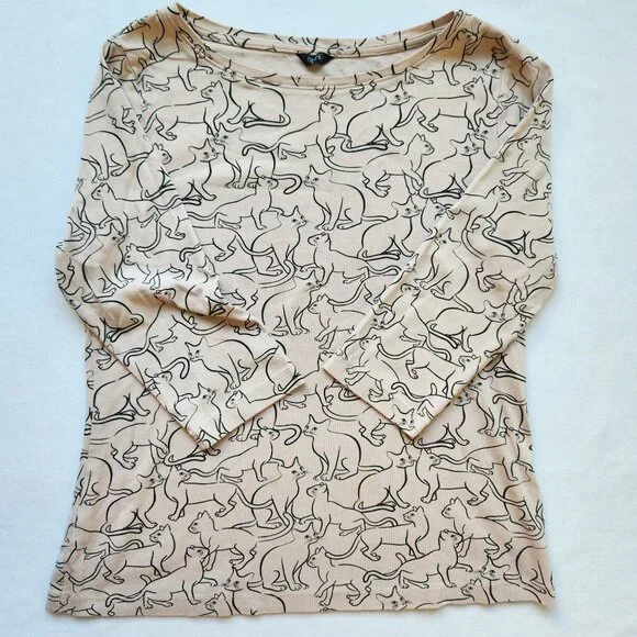 Kitty Cat Print Top Shirt Tan Black Whimsigoth Witchy Halloween Spirit Fairycore - Picture 4 of 15